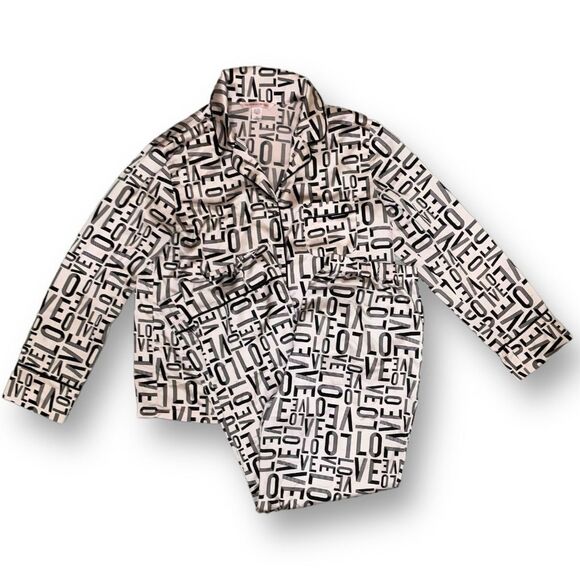 Victoria's Secret Other - Victoria's Secret Black Satin Silk Pajama Set M Graphic Print Long Sleeve Button